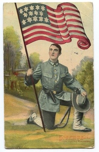 Antique patriotic postcard with a US soldier and flag, 1908.jpg