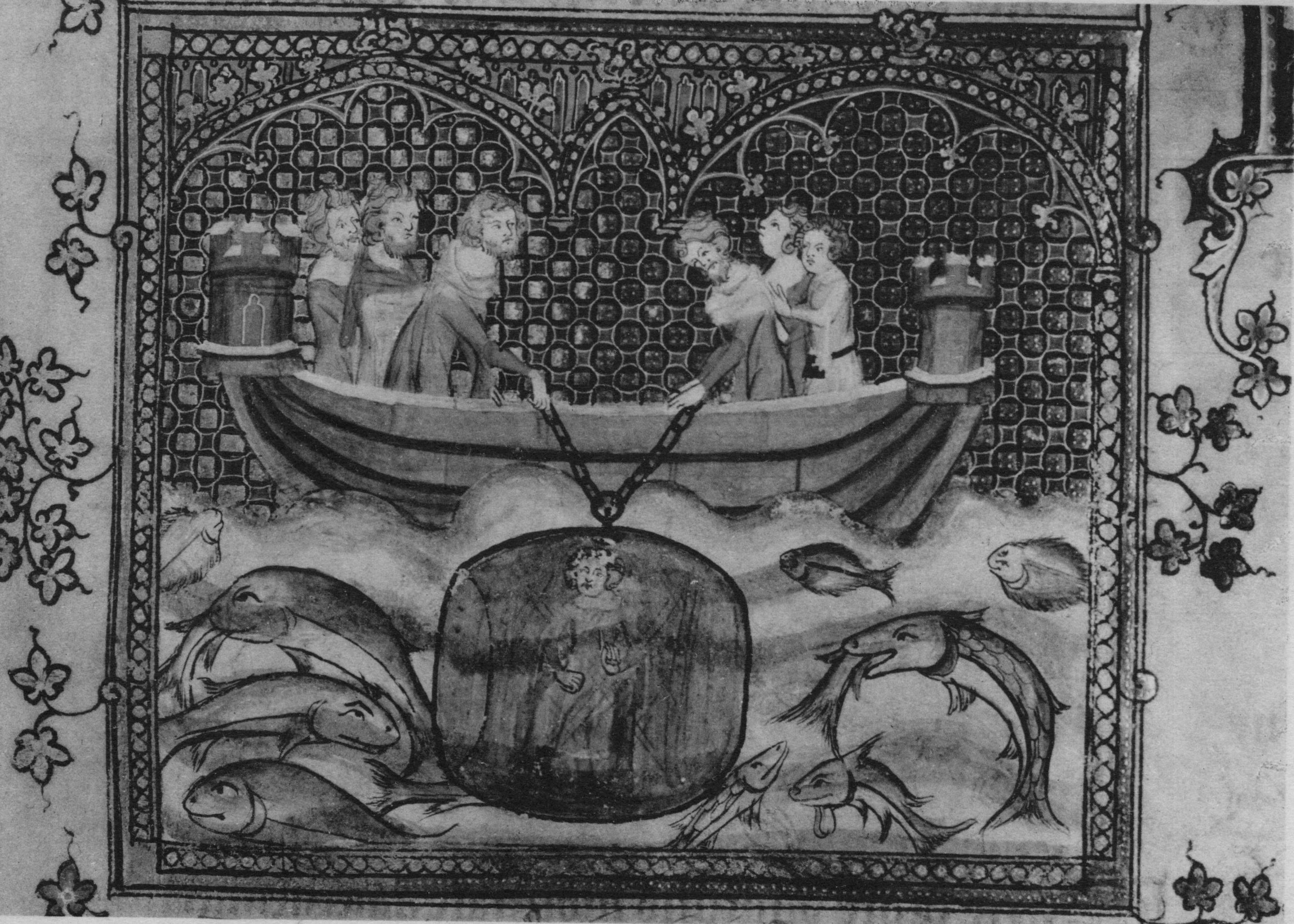 GettyImagesA 14th-century illustration showing Alexander the Great in a diving bell lowered from a small boat. (Photo by Hulton Archive/Getty Images)-51244859