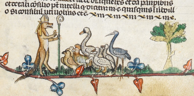 Royal_MS_10_E_IV_fol_49v_Reynard_the_Fox_preaching_to_geese.jpg Royal_MS_10_E_IV_fol_49v_Reynard_the_Fox_preaching_to_geese.jpg